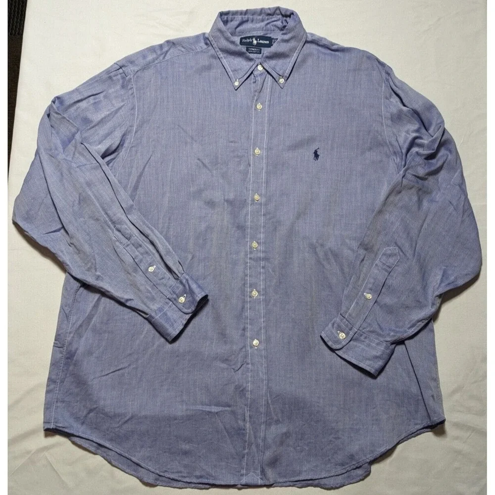 VTG POLO RALPH LAUREN YARMOUTH Herringbone Men‎ 17-35 Cotton Button Dress Shirt
